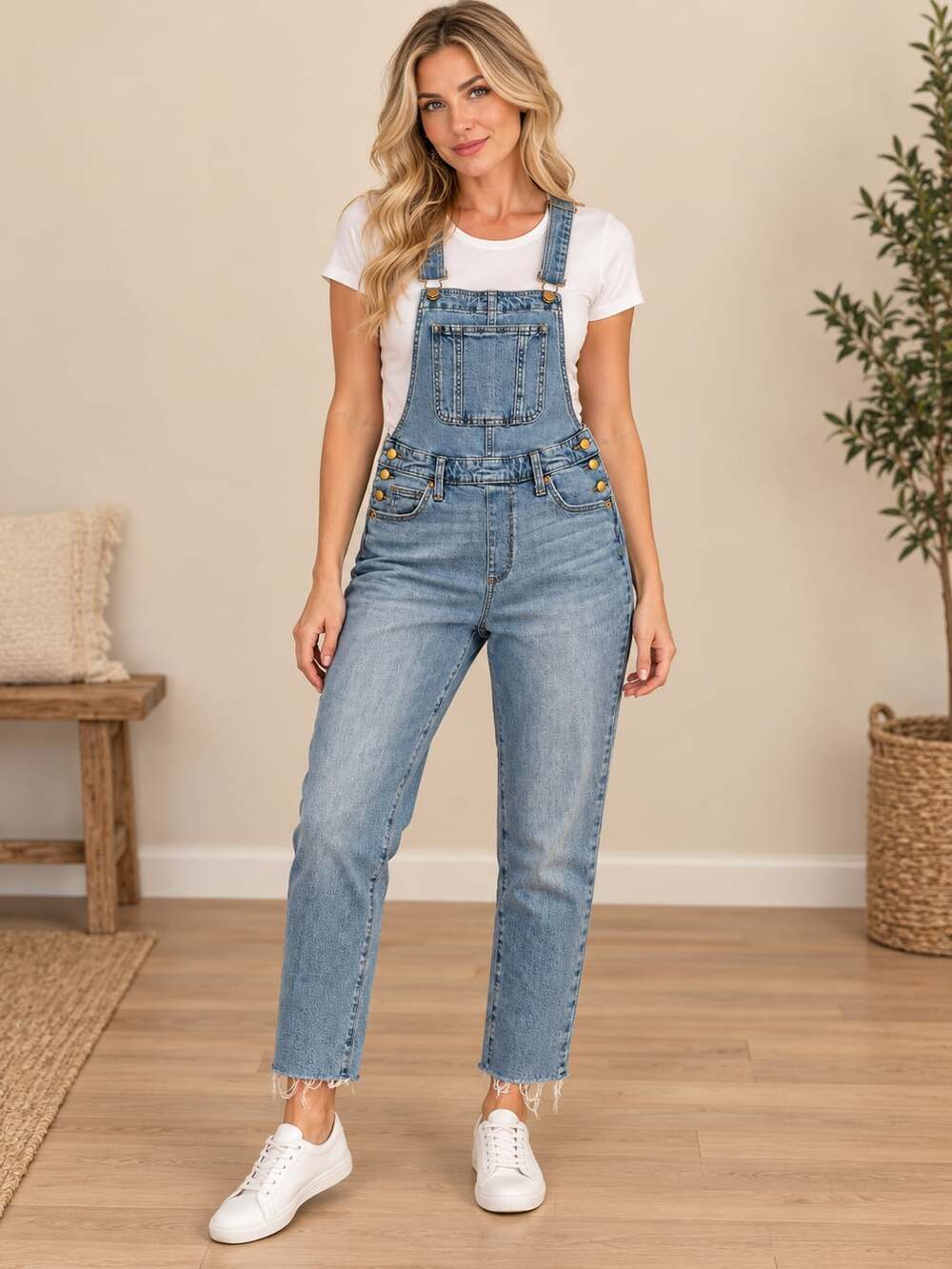Universal Thread Denim Overalls Women 4/27R Light Wash Raw Hem Stretch